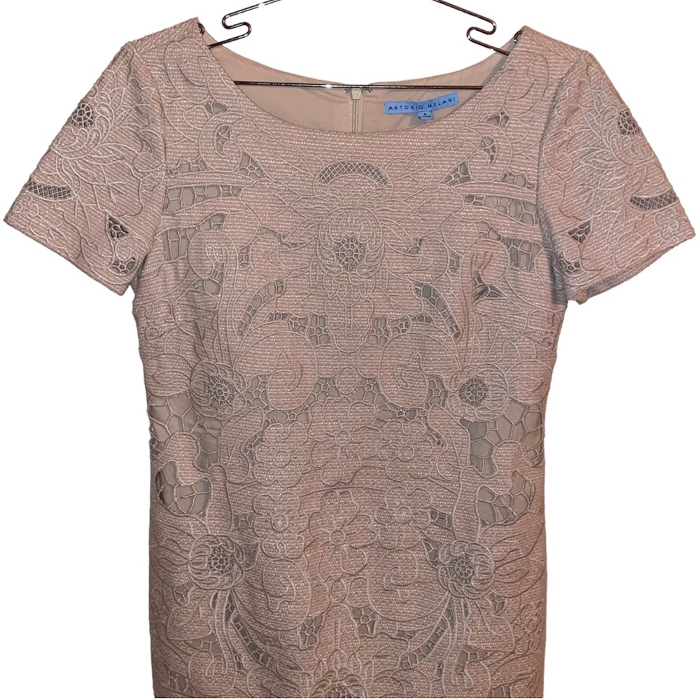 Antonio Melani dress size 4 Tan Flowers on front slip underneath design - Picture 3 of 3